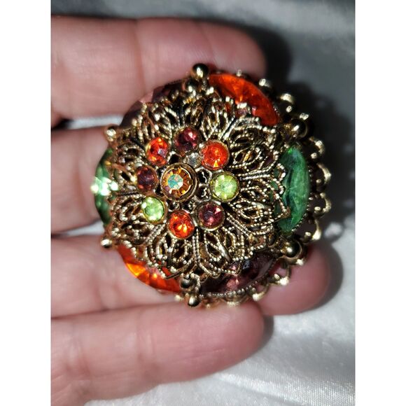 A Vintage Rhinestone Brooch Pin Gold Tone Filigree Boho Domed Artistic As-Is - Picture 11 of 12